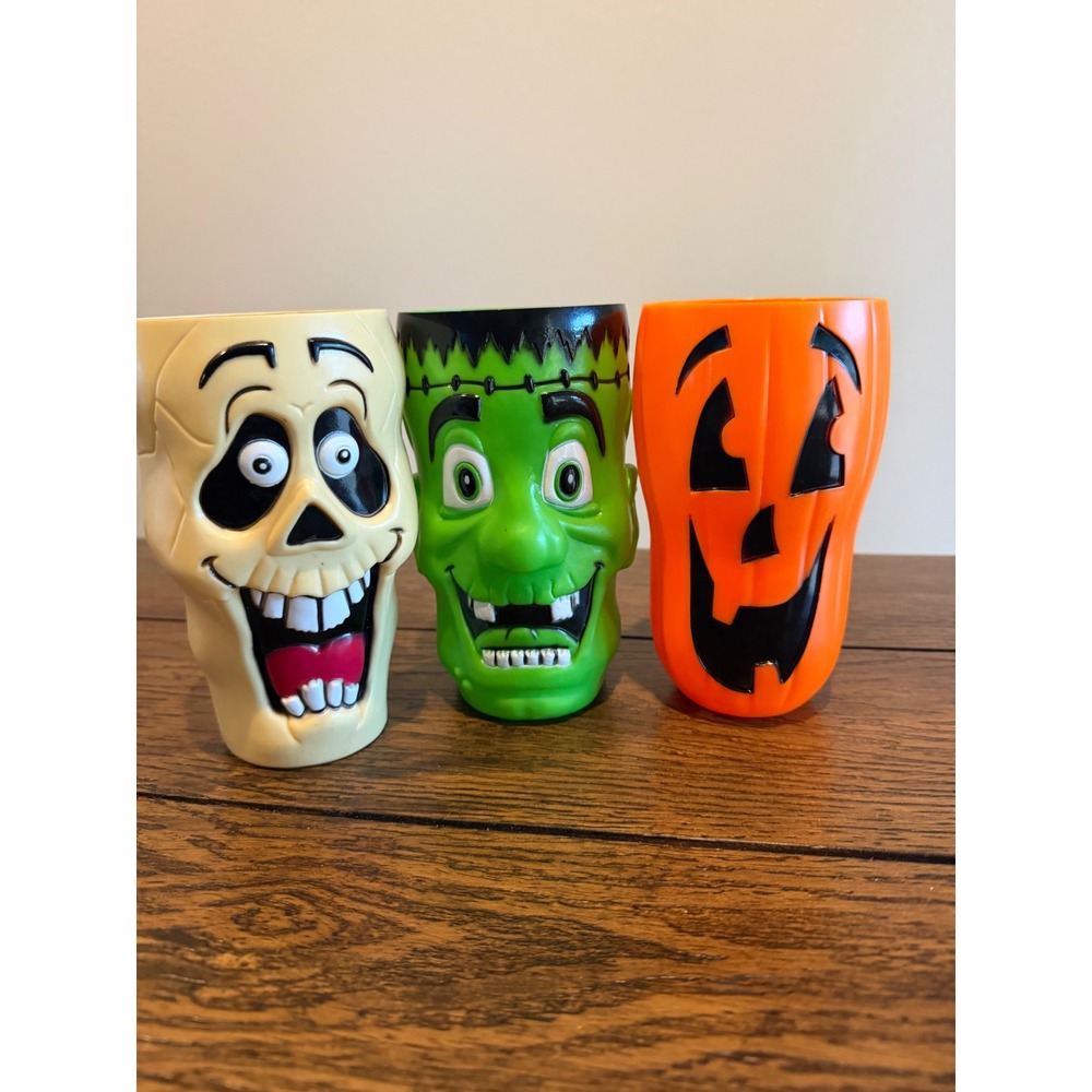 Vintage Halloween Blow Mold Cups Set of 3 Frankenstein Skeleton Pumpkin